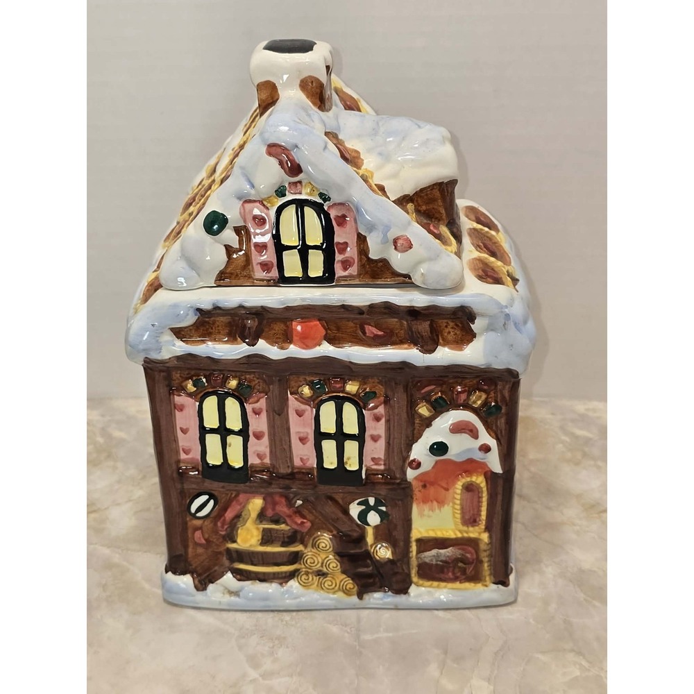 Ceramic Gingerbread House Cookie Jar GUC Christmas Cottage Decor 🎄‎